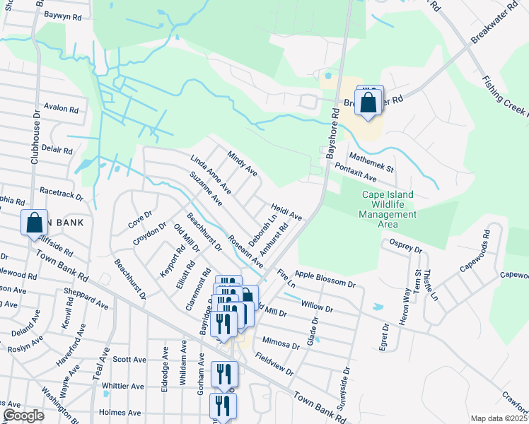 map of restaurants, bars, coffee shops, grocery stores, and more near 218 Deborah Lane in North Cape May