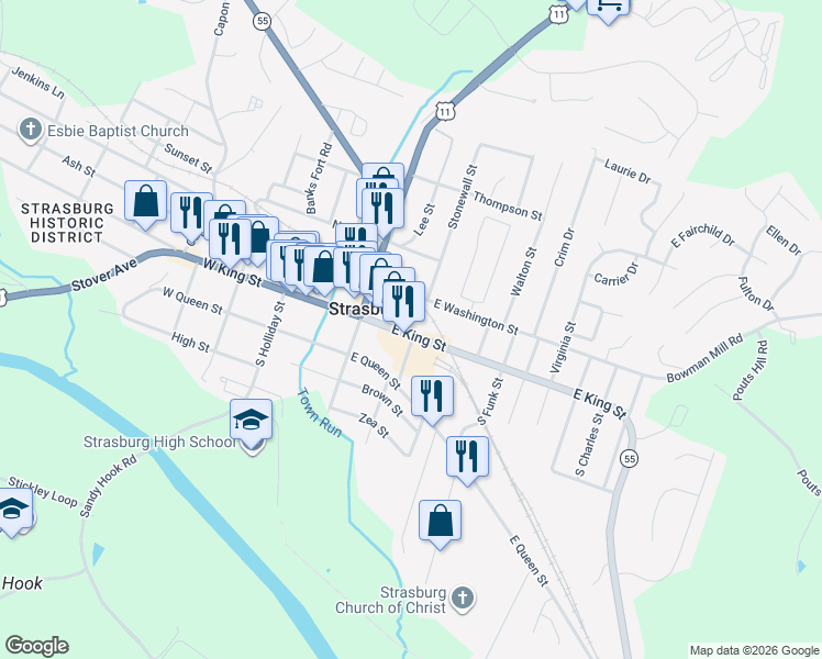 map of restaurants, bars, coffee shops, grocery stores, and more near 390 East King Street in Strasburg