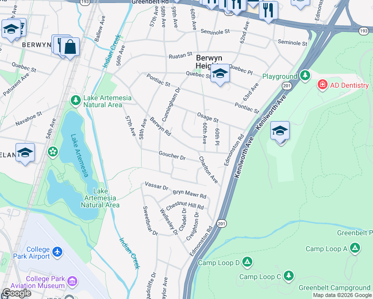 map of restaurants, bars, coffee shops, grocery stores, and more near 5921 Berwyn Road in Berwyn Heights