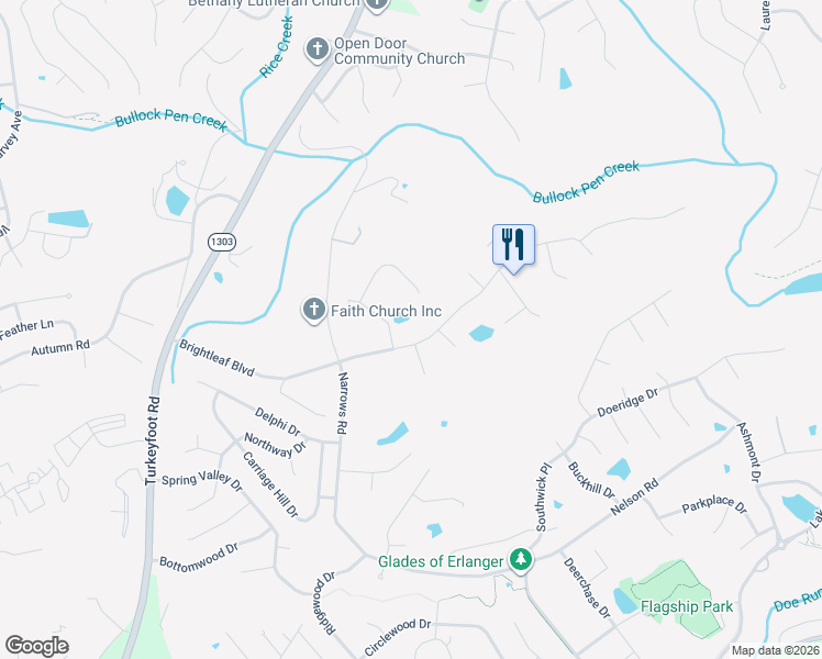 map of restaurants, bars, coffee shops, grocery stores, and more near 1242 Brightleaf Boulevard in Erlanger