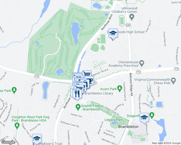 map of restaurants, bars, coffee shops, grocery stores, and more near 22575 Blue Elder Terrace in Ashburn