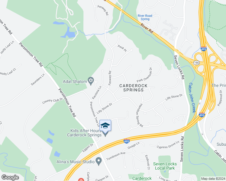 map of restaurants, bars, coffee shops, grocery stores, and more near 8313 Carderock Drive in Bethesda