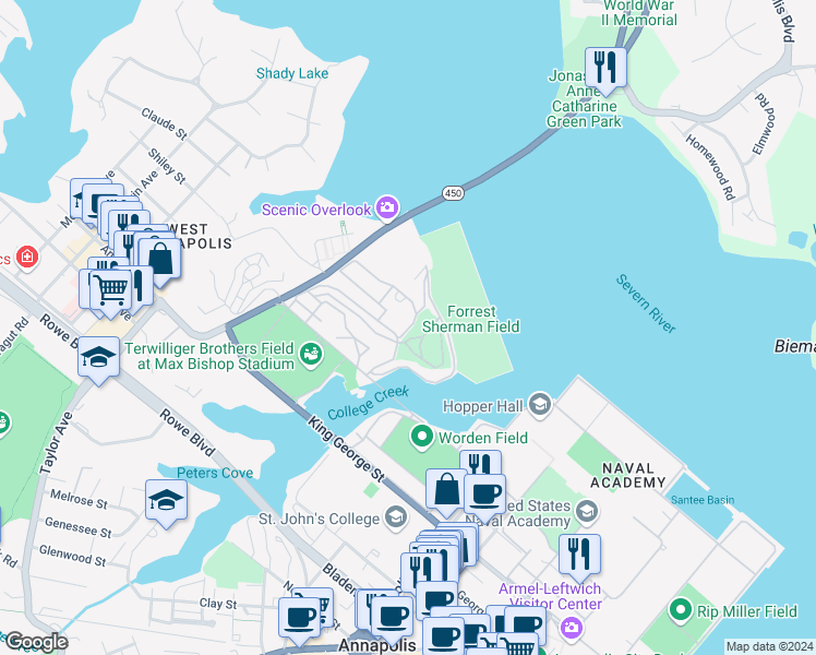 map of restaurants, bars, coffee shops, grocery stores, and more near 291 Wood Road in Annapolis