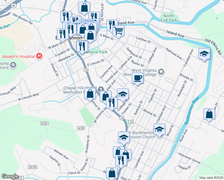 map of restaurants, bars, coffee shops, grocery stores, and more near 87 South Smithfield Street in Buckhannon