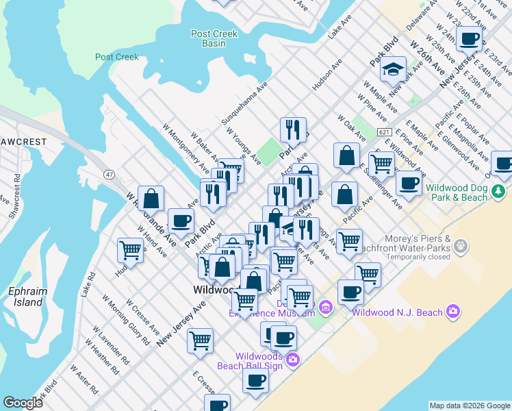 map of restaurants, bars, coffee shops, grocery stores, and more near 4310 Arctic Avenue in Wildwood