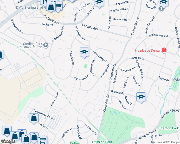 map of restaurants, bars, coffee shops, grocery stores, and more near 122 Pepperidge Place in Sterling