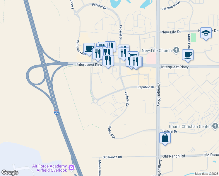 map of restaurants, bars, coffee shops, grocery stores, and more near 10807 New Allegiance Drive in Colorado Springs