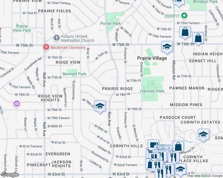 map of restaurants, bars, coffee shops, grocery stores, and more near 7752 Briar Street in Prairie Village