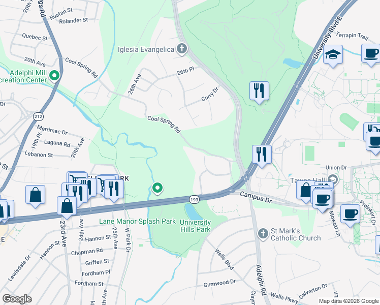 map of restaurants, bars, coffee shops, grocery stores, and more near 3305 Cool Spring Road in Adelphi