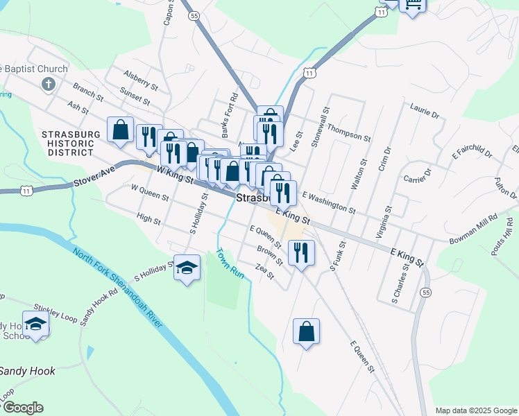 map of restaurants, bars, coffee shops, grocery stores, and more near 308 East King Street in Strasburg