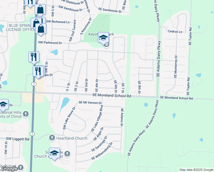 map of restaurants, bars, coffee shops, grocery stores, and more near 412 Southeast Sherri Lane in Blue Springs