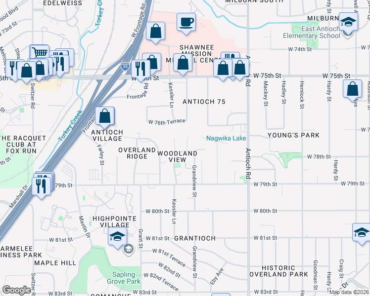 map of restaurants, bars, coffee shops, grocery stores, and more near 9121 West 78th Street in Overland Park