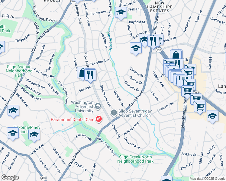 map of restaurants, bars, coffee shops, grocery stores, and more near 7814 Garland Avenue in Takoma Park