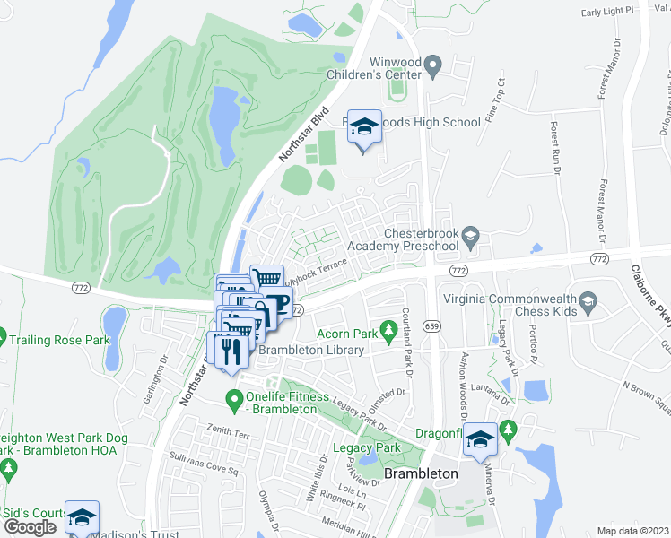 map of restaurants, bars, coffee shops, grocery stores, and more near 42513 Hollyhock Terrace in Ashburn