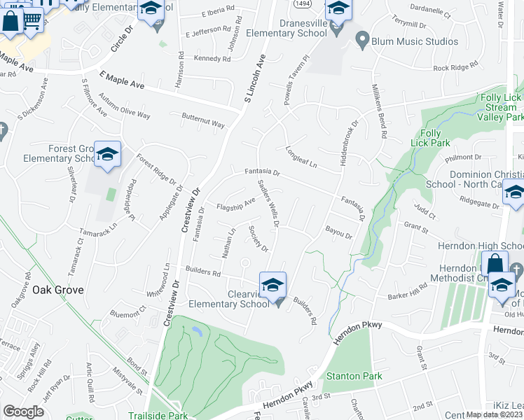 map of restaurants, bars, coffee shops, grocery stores, and more near 1600 Nathan Lane in Herndon