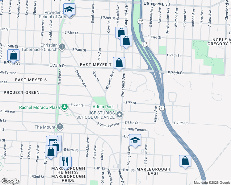 map of restaurants, bars, coffee shops, grocery stores, and more near 7582 Prospect Avenue in Kansas City