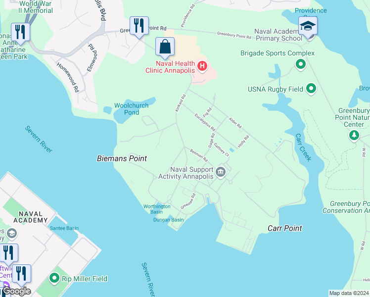 map of restaurants, bars, coffee shops, grocery stores, and more near 100 Kinkaid Road in Annapolis