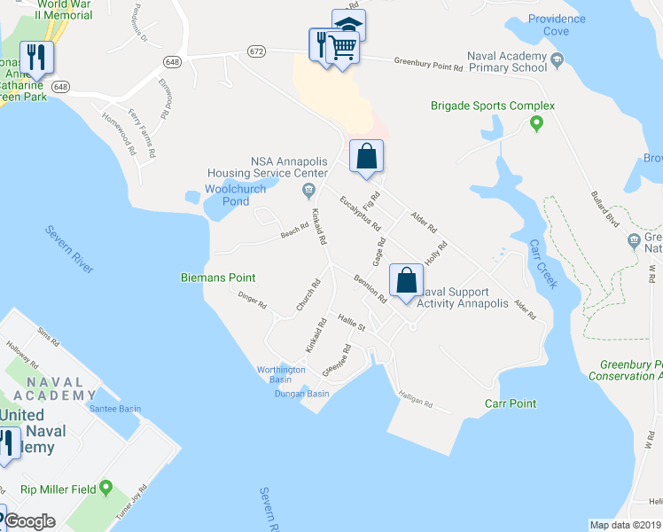 map of restaurants, bars, coffee shops, grocery stores, and more near 100 Kinkaid Road in Annapolis