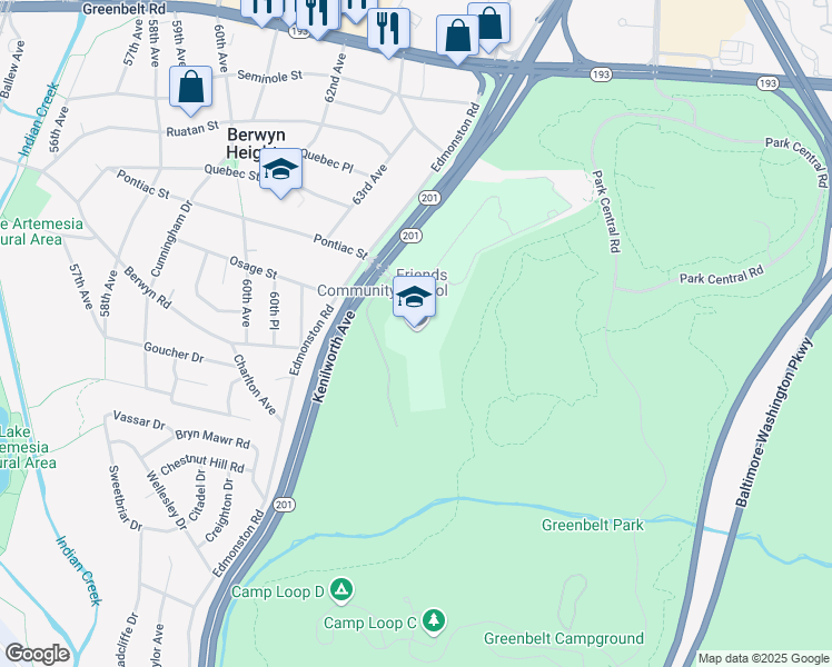 map of restaurants, bars, coffee shops, grocery stores, and more near 5901 Westchester Park Drive in College Park