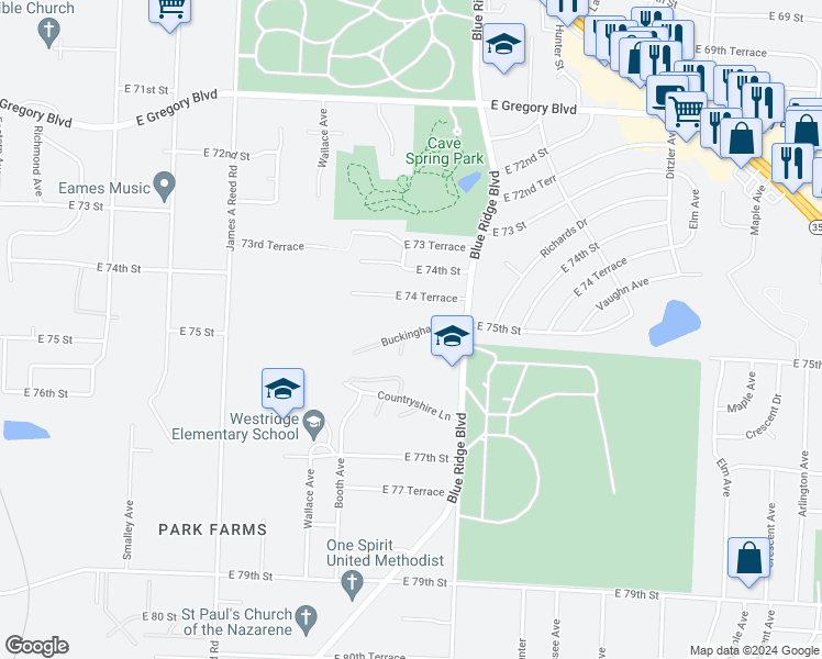map of restaurants, bars, coffee shops, grocery stores, and more near 8700 Buckingham Lane in Kansas City