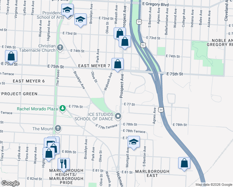 map of restaurants, bars, coffee shops, grocery stores, and more near 7582 Prospect Avenue in Kansas City