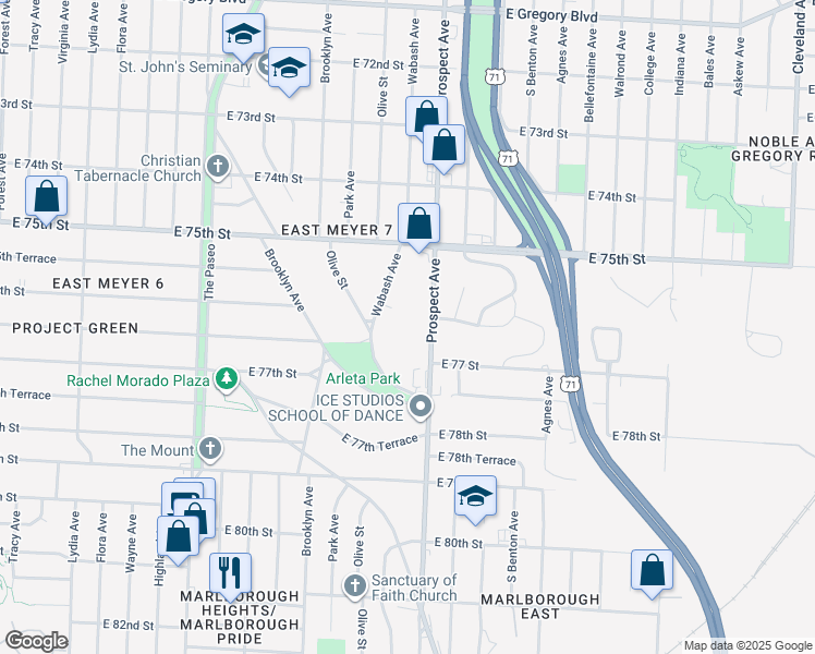 map of restaurants, bars, coffee shops, grocery stores, and more near 7582 Prospect Avenue in Kansas City