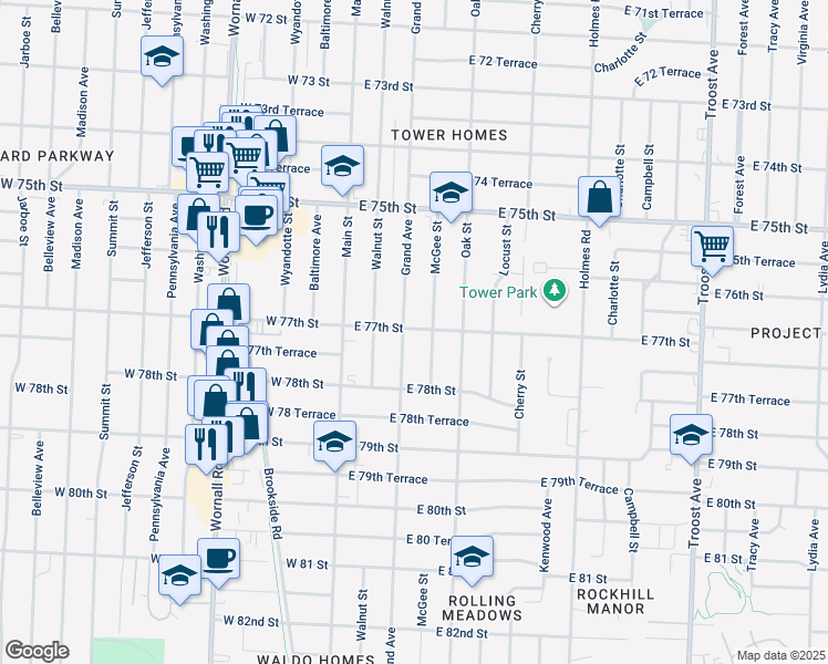 map of restaurants, bars, coffee shops, grocery stores, and more near 7711 Grand Avenue in Kansas City