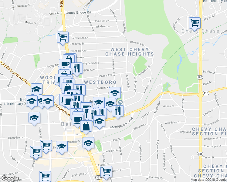 map of restaurants, bars, coffee shops, grocery stores, and more near 4507 Sleaford Road in Bethesda