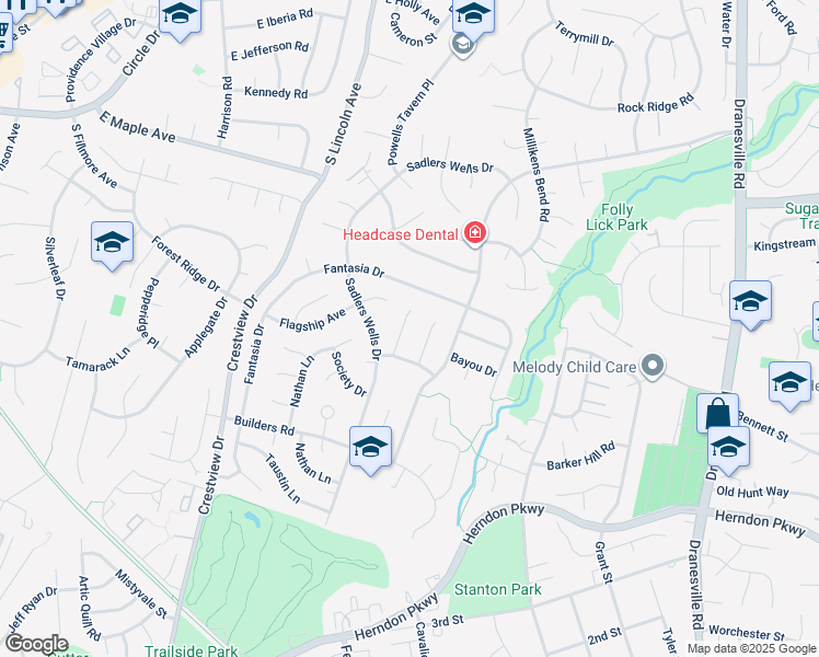 map of restaurants, bars, coffee shops, grocery stores, and more near 1609 Sadlers Wells Court in Herndon