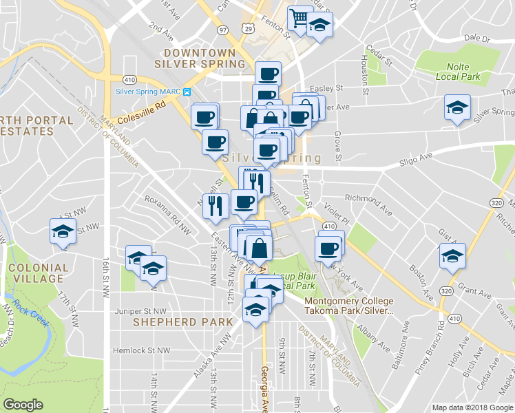 map of restaurants, bars, coffee shops, grocery stores, and more near 8023 Georgia Avenue in Silver Spring