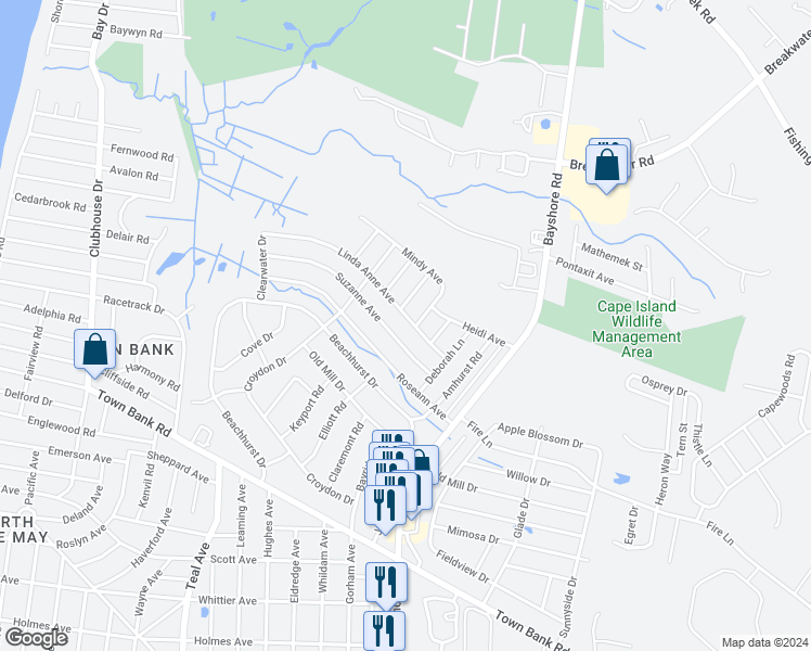 map of restaurants, bars, coffee shops, grocery stores, and more near 210 Linda Anne Avenue in North Cape May