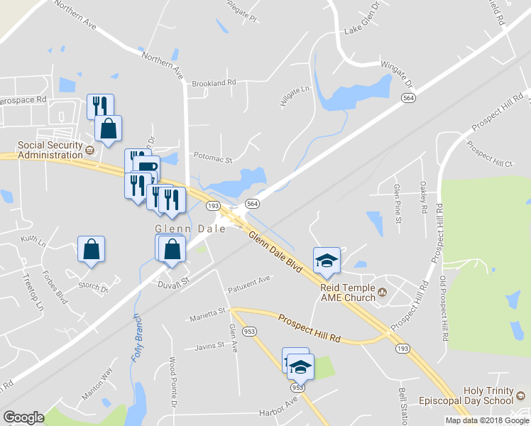map of restaurants, bars, coffee shops, grocery stores, and more near 11003 Lanham Severn Road in Glenn Dale