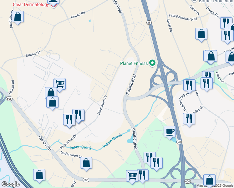 map of restaurants, bars, coffee shops, grocery stores, and more near Prologis Plaza in Sterling
