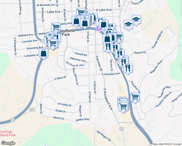 map of restaurants, bars, coffee shops, grocery stores, and more near 120 East Sheridan Avenue in Woodland Park