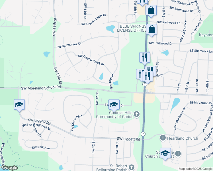 map of restaurants, bars, coffee shops, grocery stores, and more near 1108 Southwest Misty Creek in Blue Springs