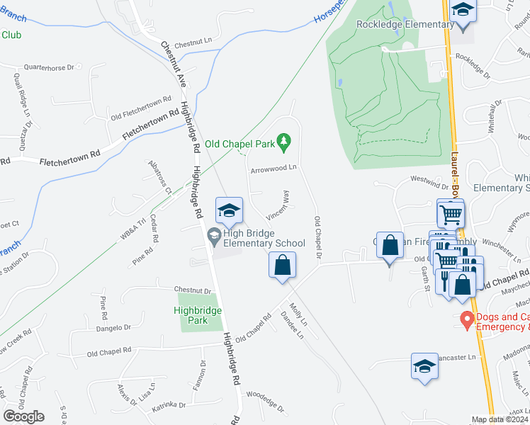 map of restaurants, bars, coffee shops, grocery stores, and more near 13600 Vincent Way in Bowie