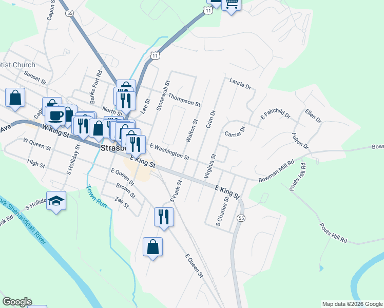 map of restaurants, bars, coffee shops, grocery stores, and more near 617 East Washington Street in Strasburg
