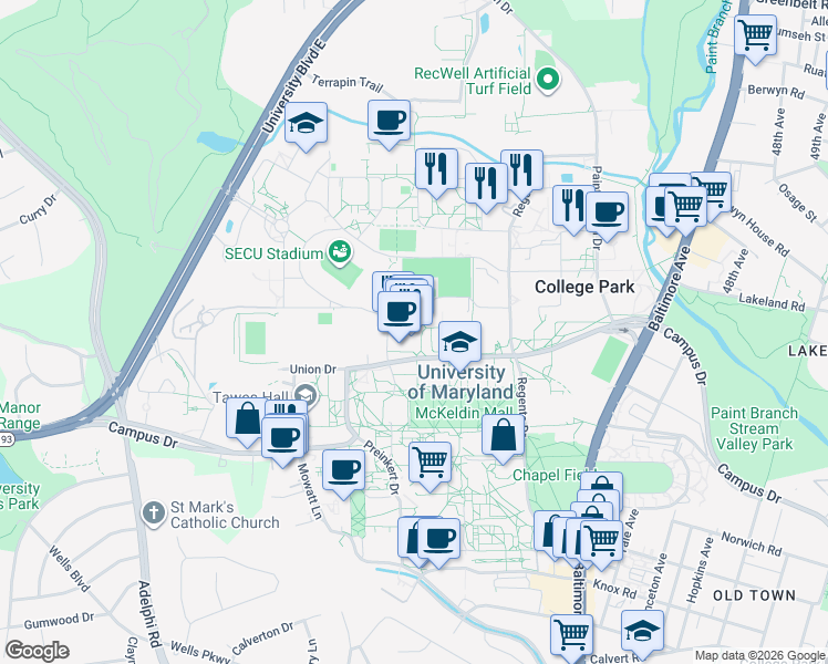 map of restaurants, bars, coffee shops, grocery stores, and more near 4018 Campus Drive in College Park