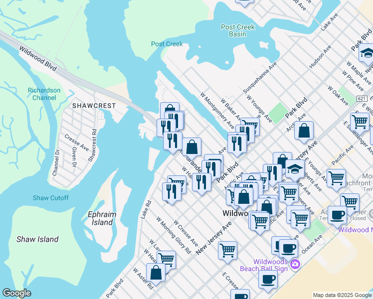 map of restaurants, bars, coffee shops, grocery stores, and more near 437 West Rio Grande Avenue in Wildwood