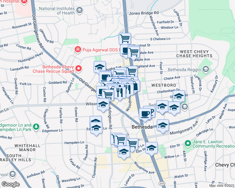 map of restaurants, bars, coffee shops, grocery stores, and more near 4918 Saint Elmo Avenue in Bethesda