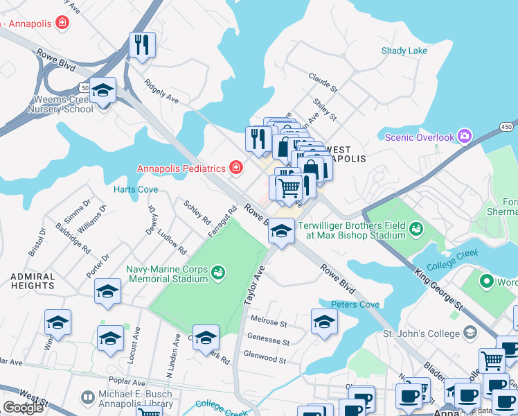 map of restaurants, bars, coffee shops, grocery stores, and more near 410 Rowe Boulevard in Annapolis
