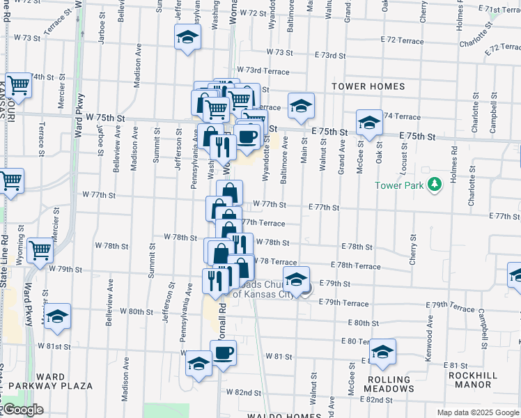 map of restaurants, bars, coffee shops, grocery stores, and more near 207 West 77th Street in Kansas City