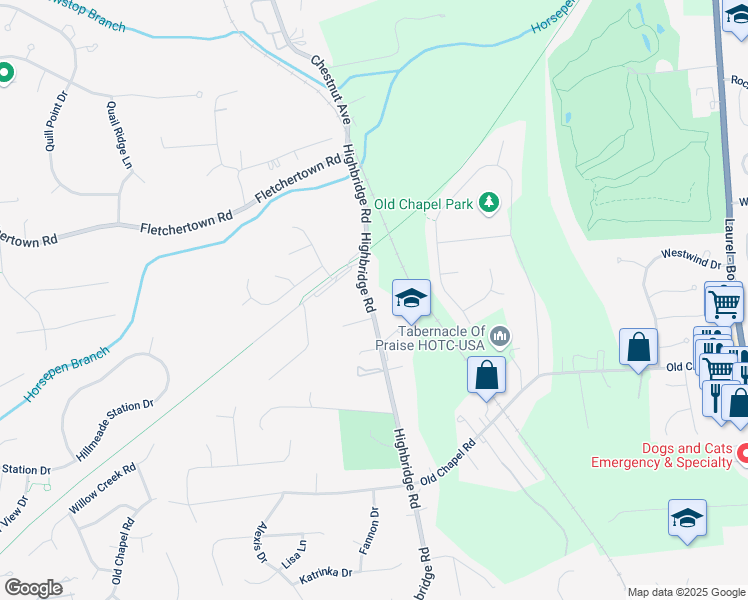 map of restaurants, bars, coffee shops, grocery stores, and more near 7105 Highbridge Road in Bowie