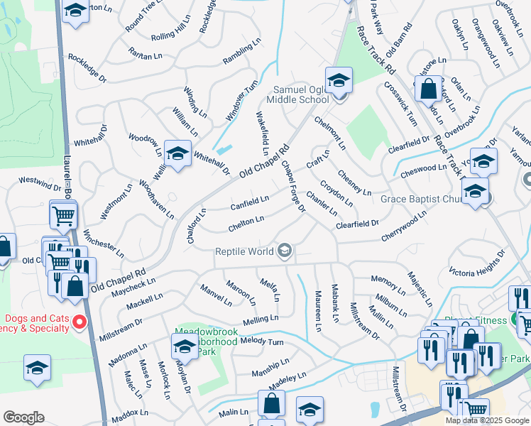 map of restaurants, bars, coffee shops, grocery stores, and more near 12510 Chelton Lane in Bowie