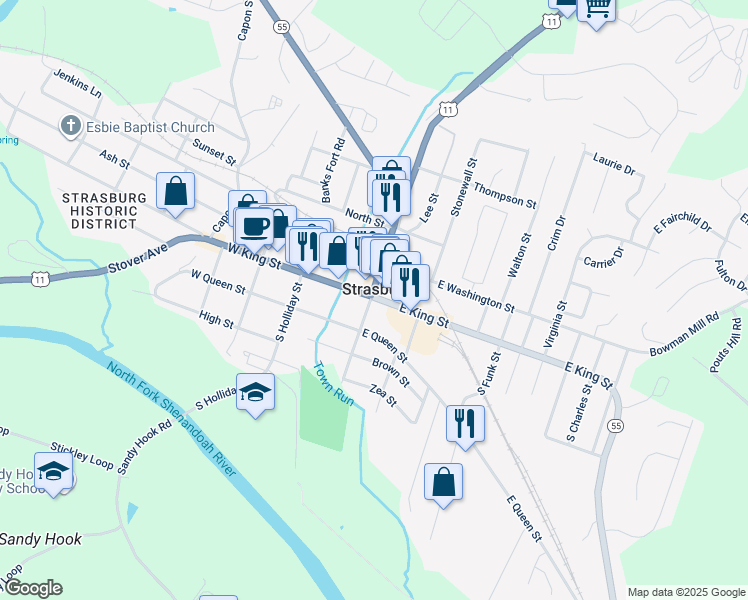 map of restaurants, bars, coffee shops, grocery stores, and more near 308 East King Street in Strasburg