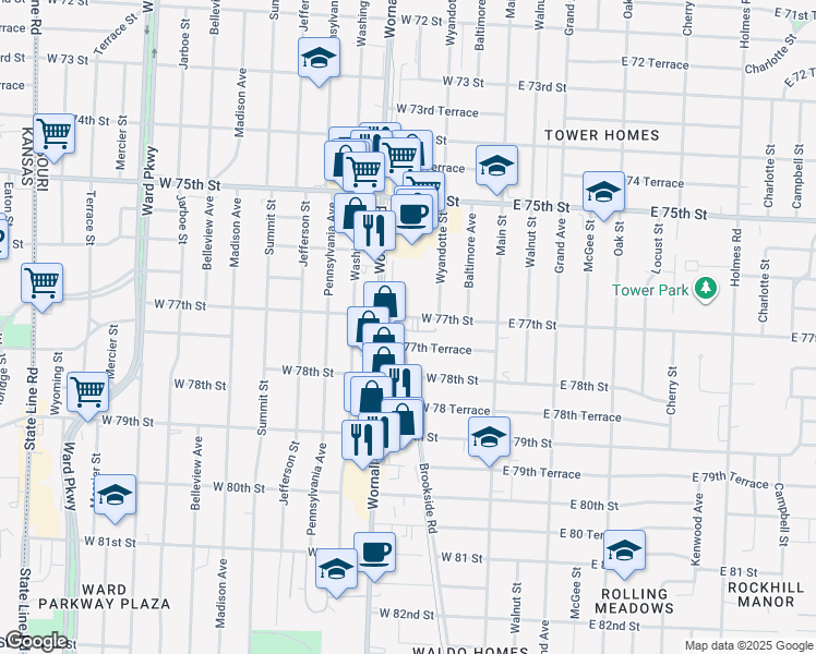 map of restaurants, bars, coffee shops, grocery stores, and more near 220 West 77th Terrace in Kansas City