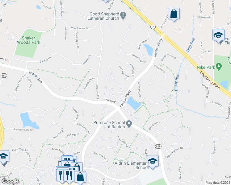 map of restaurants, bars, coffee shops, grocery stores, and more near 11444 Heritage Commons Way in Reston