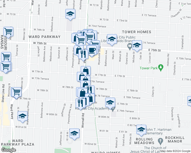 map of restaurants, bars, coffee shops, grocery stores, and more near 211 West 77th Street in Kansas City