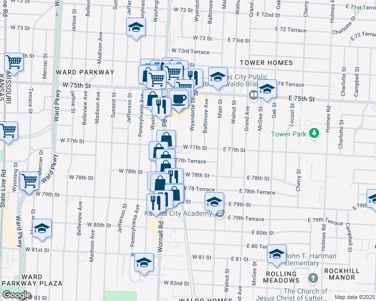 map of restaurants, bars, coffee shops, grocery stores, and more near 207 West 77th Street in Kansas City