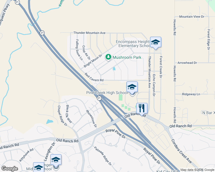 map of restaurants, bars, coffee shops, grocery stores, and more near North Powers Boulevard in Colorado Springs